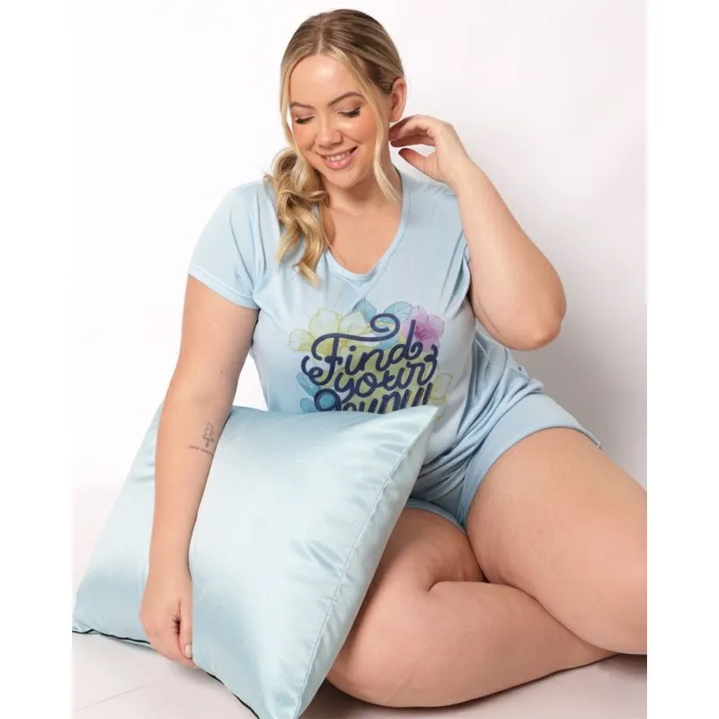 Pijama Plus Size Feminino Curto com Estampa Escrita Azul 50
