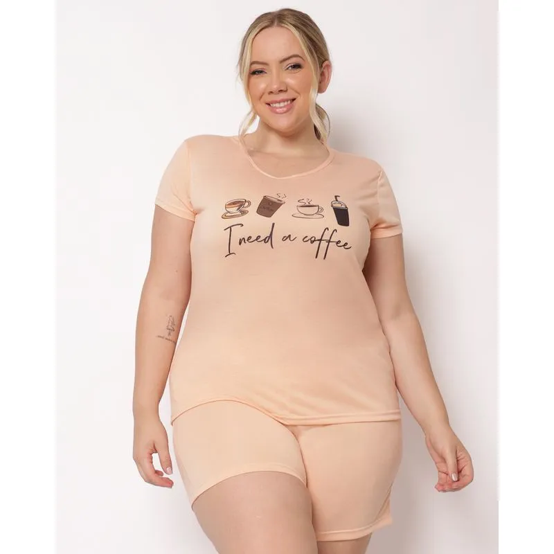 Pijama Plus Size Feminino Curto com Estampa Café Laranja 48