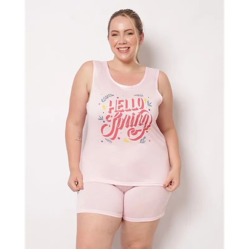 Pijama Plus Size Feminino Curto Estampa Frontal Rosa 50