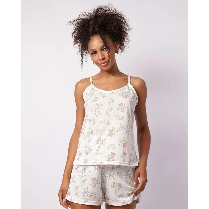 Pijama Feminino Curto Estampado Flores Cinza G
