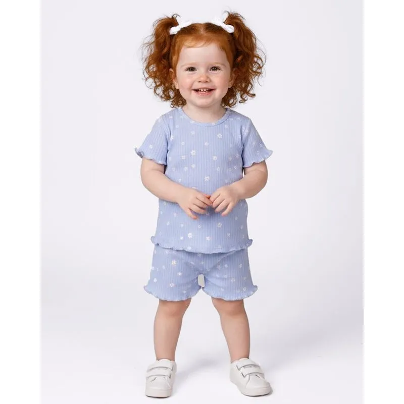 Conjunto Bebê Curto Canelado Estampado Florzinhas Azul 3