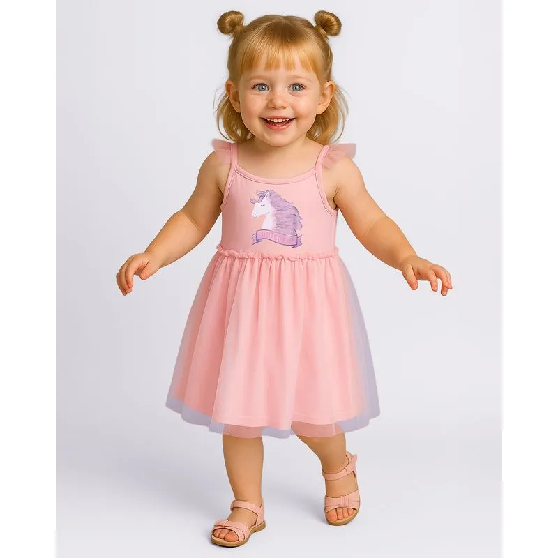 Vestido Bebê com Tule Estampa Unicórnio Rosa 1