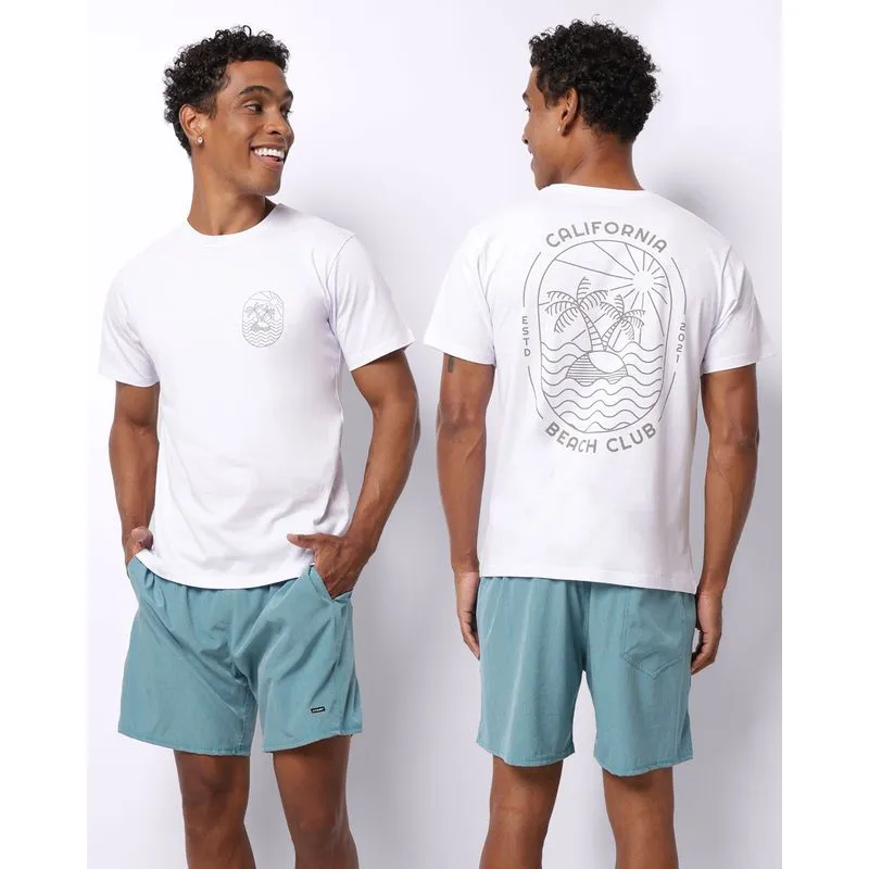 Camiseta Masculina Algodão Estampa Tropical Manga Curta Branca XG