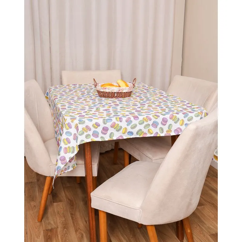 Toalha De Mesa Teka Quadrada 140cm x 140cm Estampa Macarrons Branca UN