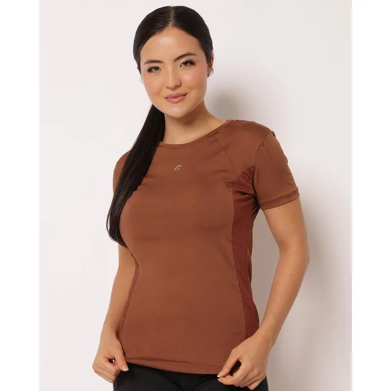 Blusa Fitness Feminina Fitter Recortes Furadinha Manga Curta Marrom G