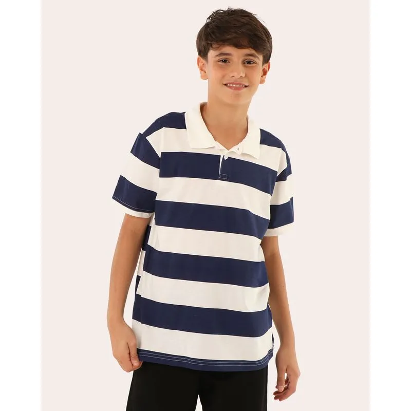 Camisa Polo Juvenil Listrada Manga Curta Branca 12