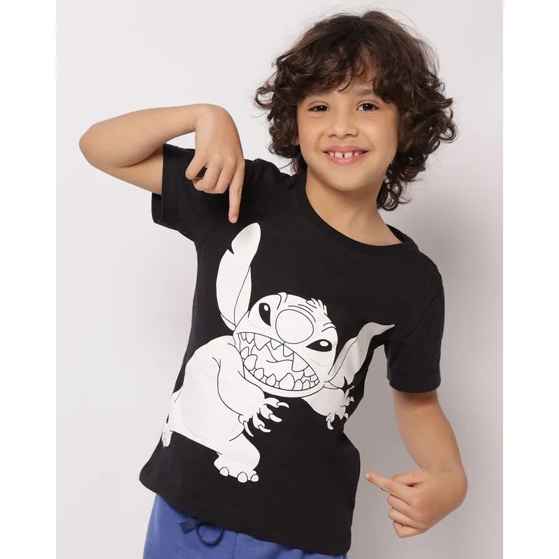 Camiseta Infantil Algodão Disney Stitch Texturizado Manga Curta Preta 6