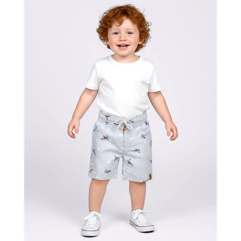Bermuda Bebê Reta com Bolsos Estampada Avião Cinza 3