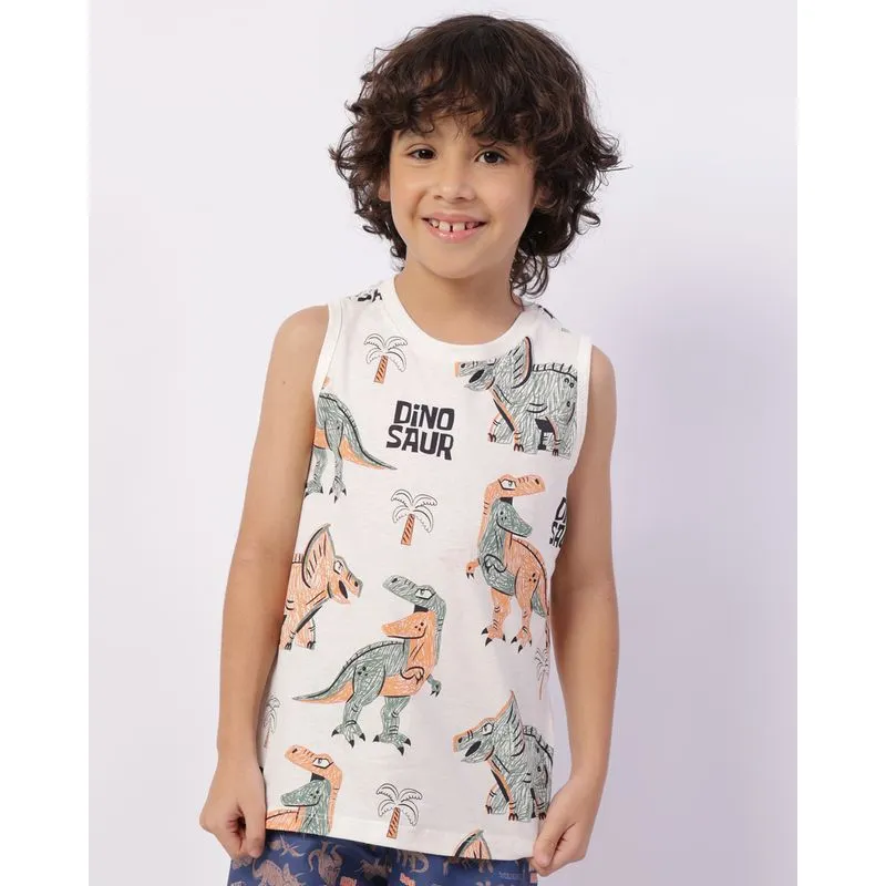 Regata Infantil Algodão Estampada Dinossauros Off White 8