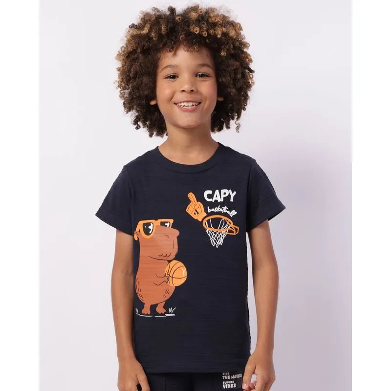 Camiseta Infantil Algodão Texturizada Estampa Capivara Marinho 6