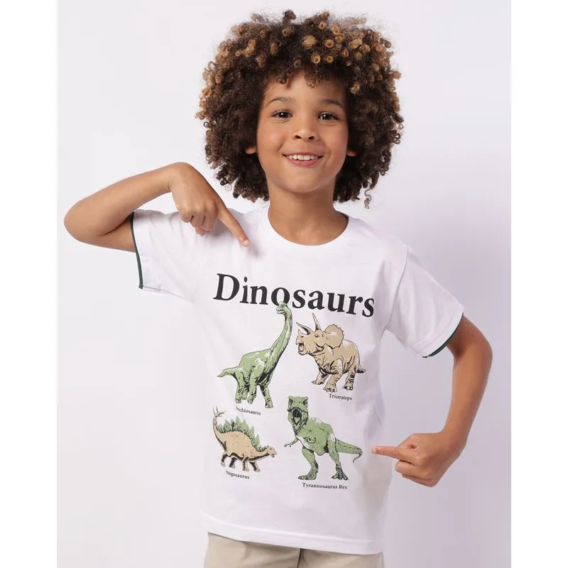 Camiseta Infantil Algodão Estampa Dinossauro Manga Curta Branca 6