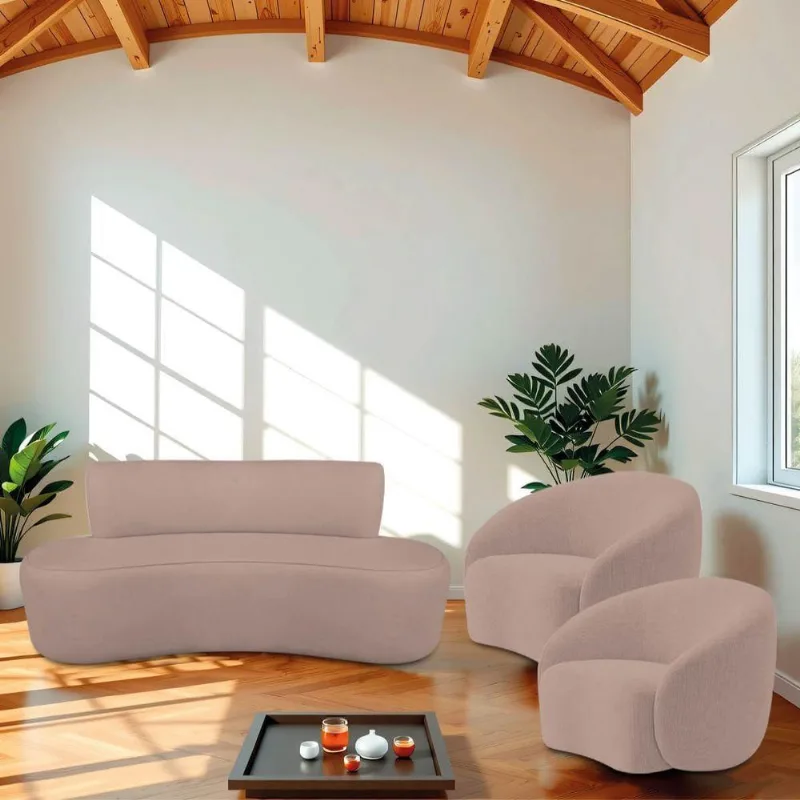 Kit Recamier Curvo Amsterdã 200cm E 2 Poltronas Amore Luxo Linho Cor Rosê