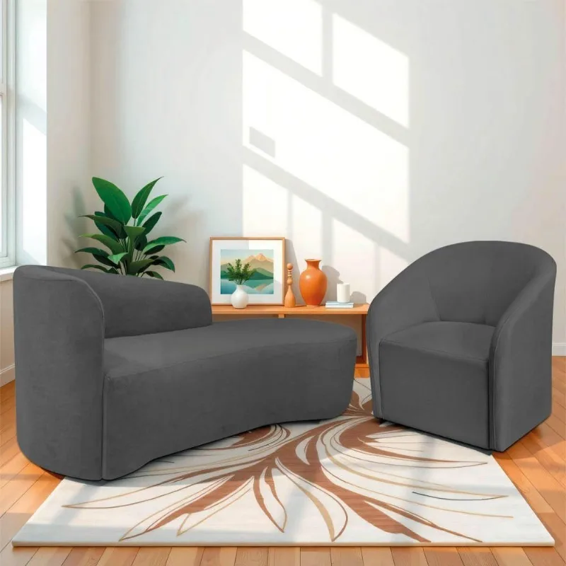 Kit Sofá Curvo França 160cm Ld, E Poltrona Luiza Max , Elegância E Design Moderno Linho Cinza Escuro