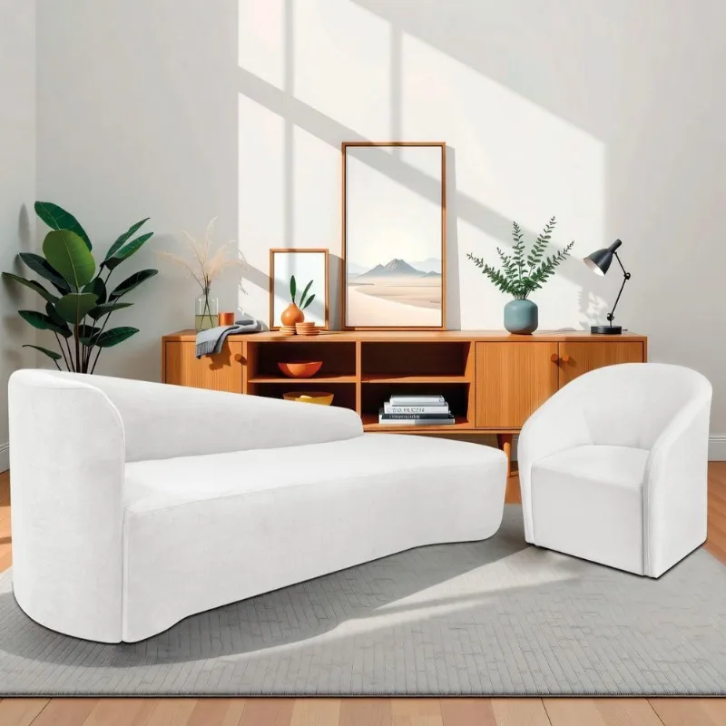 Kit Sofá Curvo França 180cm Ld, E Poltrona Luiza Max , Elegância E Design Moderno Bouclé Branco