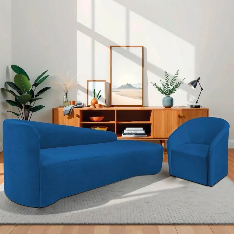 Kit Sofá Curvo França 200cm Ld, E Poltrona Luiza Max , Elegância E Design Moderno Linho Azul Royal