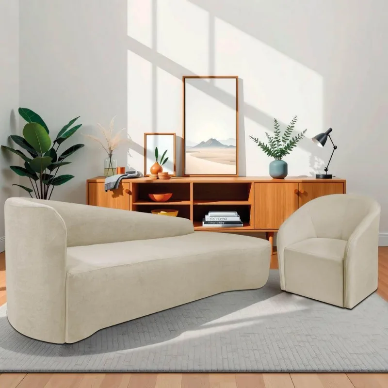 Kit Sofá Curvo França 200cm Ld, E Poltrona Luiza Max Conforto, Elegância E Design Moderno Linho Bege