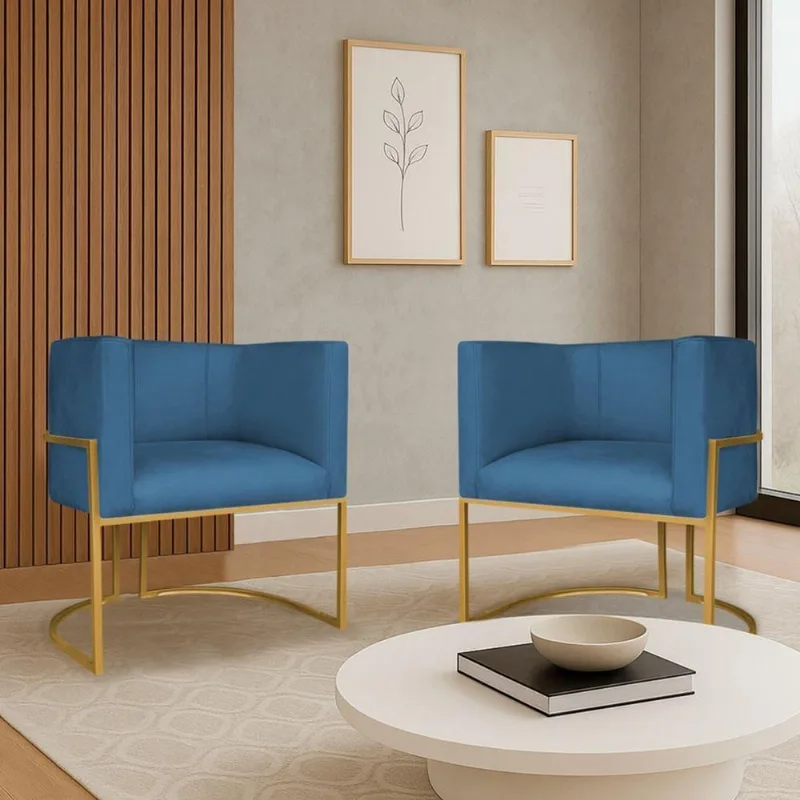 Kit 2 Poltronas Dália Moderna Estofada Design Sofisticado Com Base De Ferro Dourado Linho Azul Royal