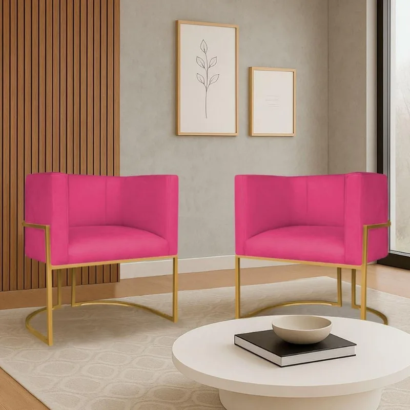 Kit 2 Poltronas Dália Luxo Moderna Estofada Design Sofisticado Com Base De Ferro Dourado Suede Pink