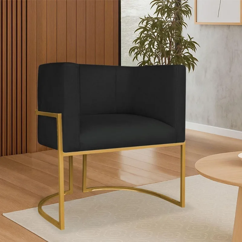 Poltrona Dália Luxo Moderna Estofada Design Sofisticado Com Base De Ferro Dourado Bouclé Preto