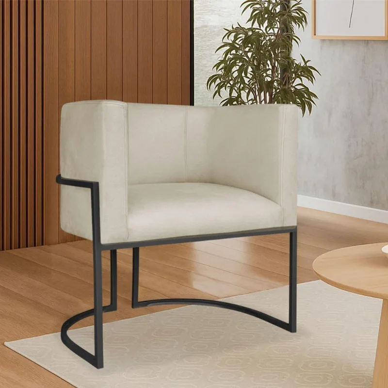 Poltrona Dália Luxo Moderna Estofada Design Sofisticado Com Base De Ferro Preto Suede Bege