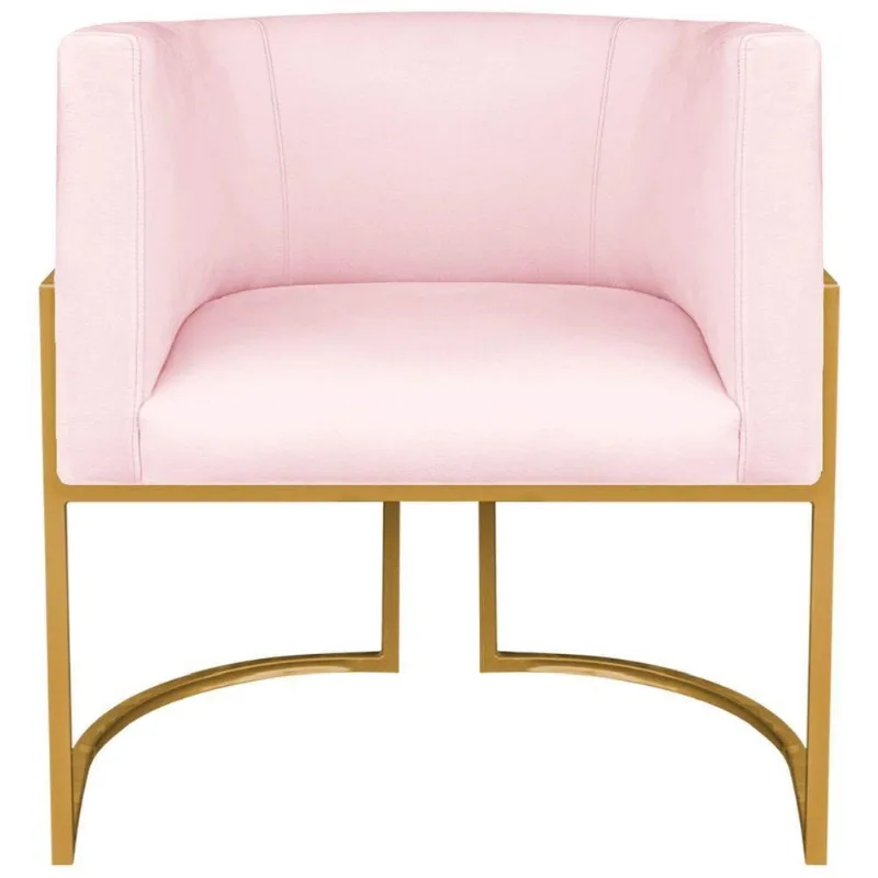 Kit 2 Poltronas Dália Estofada Design Sofisticadoc/Base De Ferro Dourado Suede Rosa Bebê