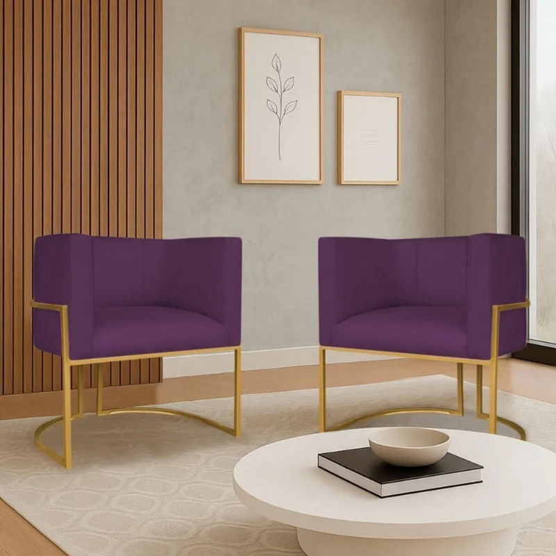 Kit 2 Poltronas Dália Luxo Moderna Estofada Design Sofisticado Com Base De Ferro Dourado Suede Roxo