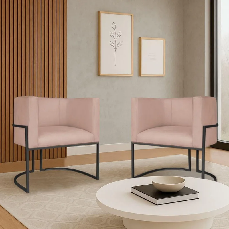 Kit 2 Poltronas Dália Luxo Moderna Estofada Design Sofisticado Com Base De Ferro Preto Suede Rosê