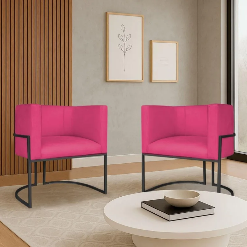 Kit 2 Poltronas Dália Luxo Moderna Estofada Design Sofisticado Com Base De Ferro Preto Suede Pink