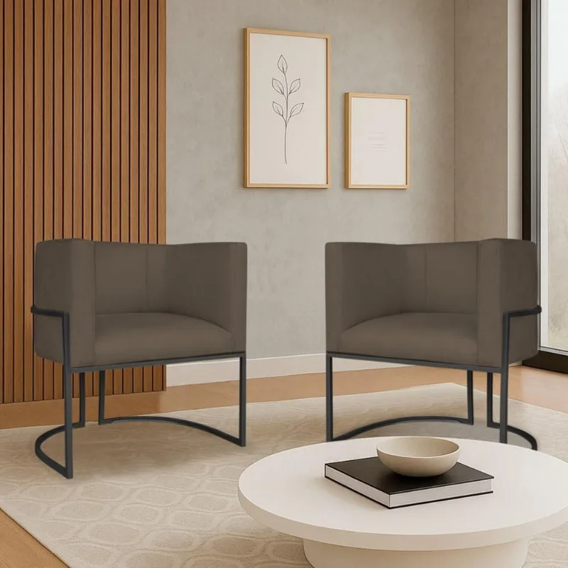 Kit 2 Poltronas Dália Luxo Moderna Estofada Design Sofisticado Com Base De Ferro Preto Suede Marrom
