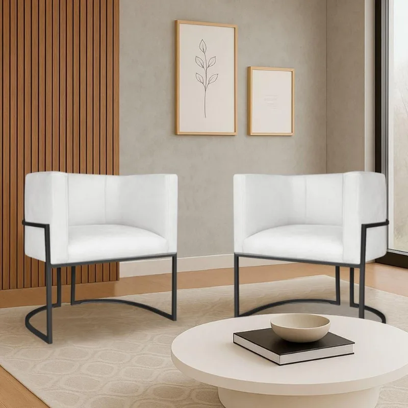 Kit 2 Poltronas Dália Luxo Moderna Estofada Design Sofisticado Com Base De Ferro Preto Bouclé Branco