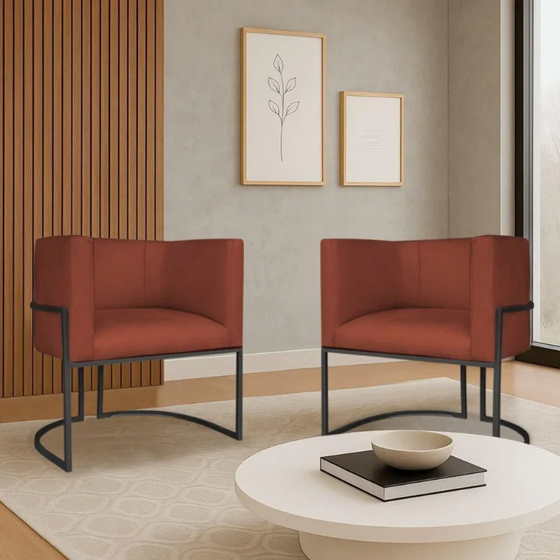 Kit 2 Poltronas Dália Luxo Moderna Estofada Design Sofisticado Com Base Ferro Preto Bouclé Terracota