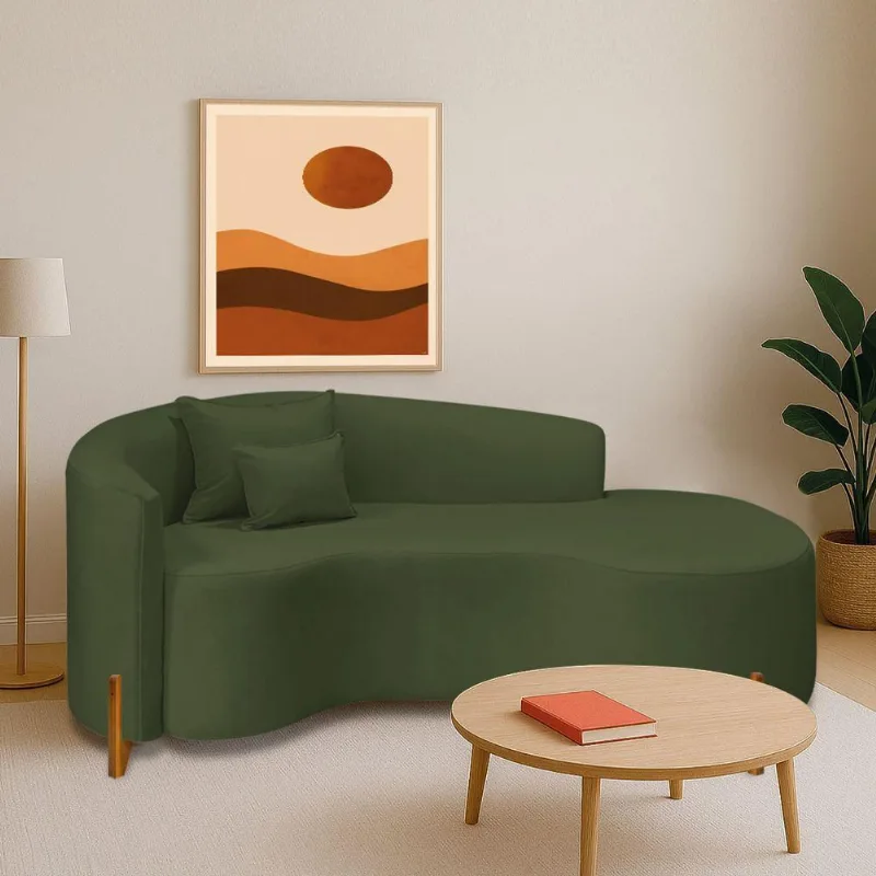 Divã Recamier Curvo Sala De Estar Recepção Inglaterra 200cm Pés Madeira Lado Direito Linho Cor Verde