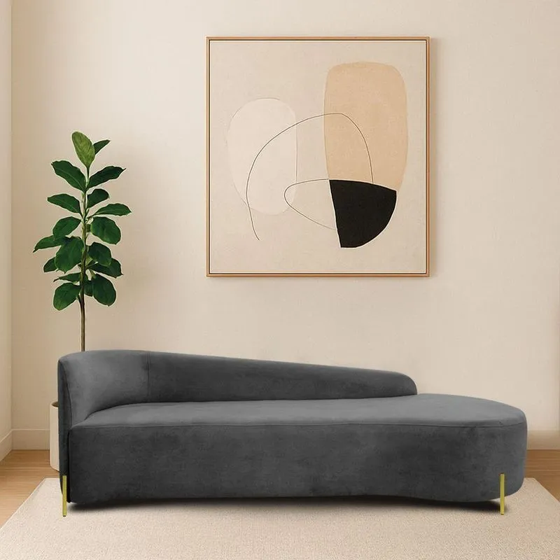 Divã Recamier Orgânico França 200cm Lado Dir Pés Metal Dourado Linho Cor Cinza Escuro