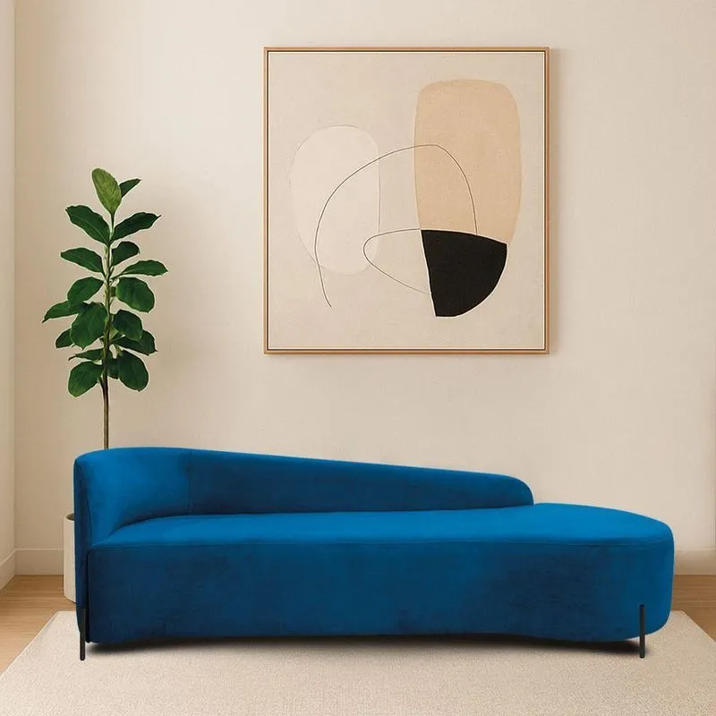 Divã Recamier Orgânico França 200cm Lado Dir Pés Metal Preto Linho Cor Azul Royal
