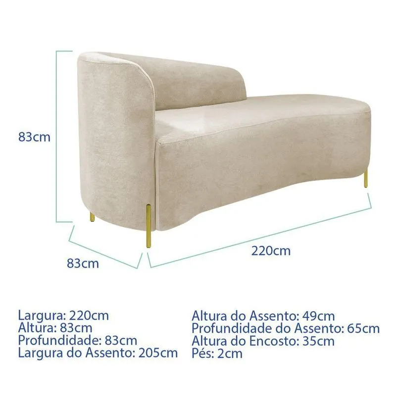 Divã Recamier Orgânico França 220cm Lado Dir Pés Metal Dourado Linho Cor Bege