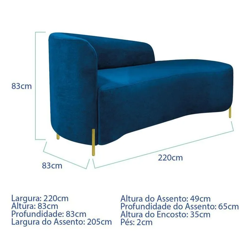 Divã Recamier Orgânico França 220cm Lado Dir Pés Metal Dourado Linho Cor Azul Royal