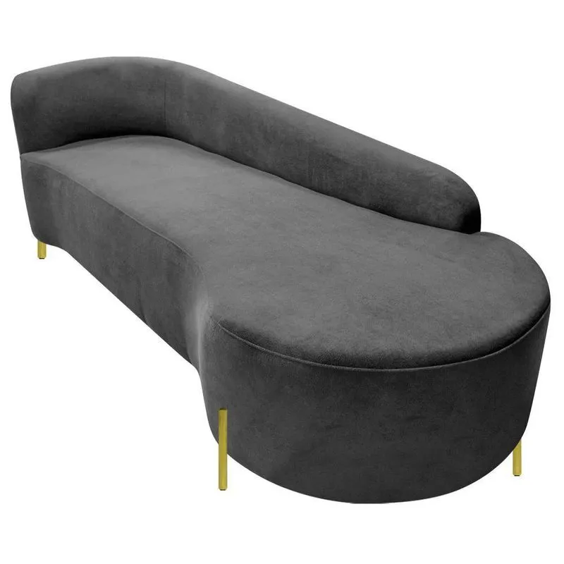 Divã Recamier Orgânico França 220cm Lado Dir Pés Metal Dourado Linho Cor Cinza Escuro