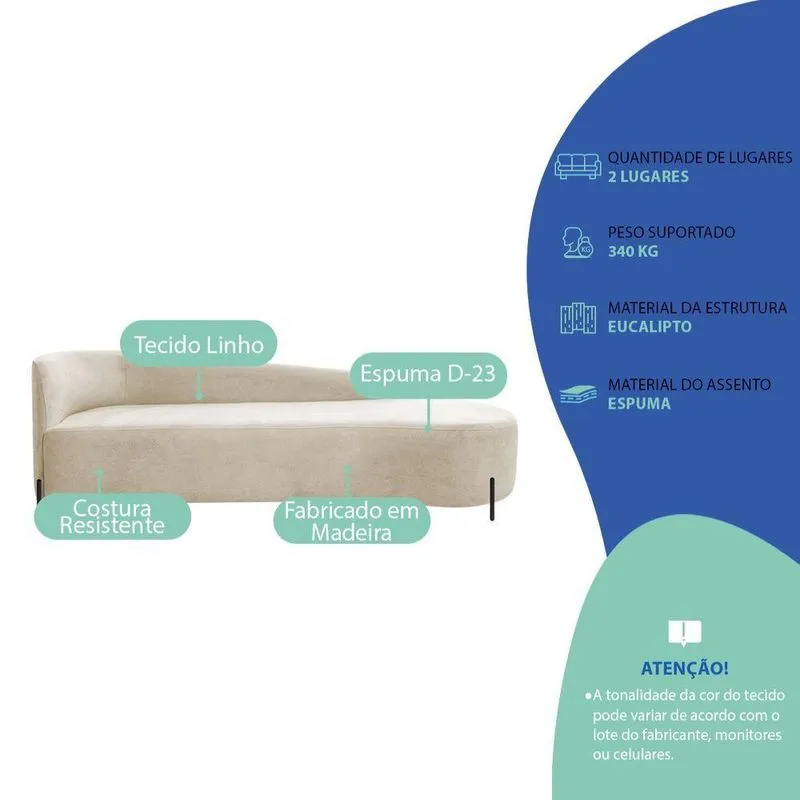 Divã Recamier Orgânico França 220cm Lado Dir Pés Metal Preto Linho Cor Bege