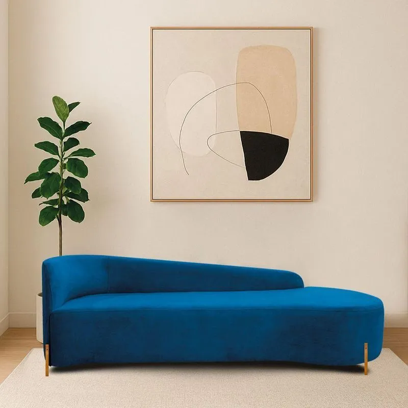 Divã Recamier Orgânico França 220cm Lado Dir Pés Madeira Linho Cor Azul Royal