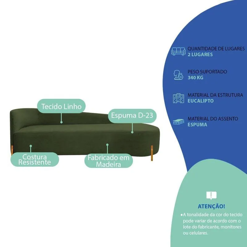 Divã Recamier Orgânico França 220cm Lado Dir Pés Madeira Linho Cor Verde