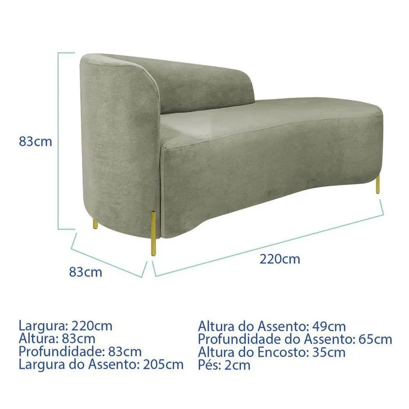 Divã Recamier Orgânico França 220cm Lado Dir Pés Metal Dourado Bouclé Cor Verde Oliva