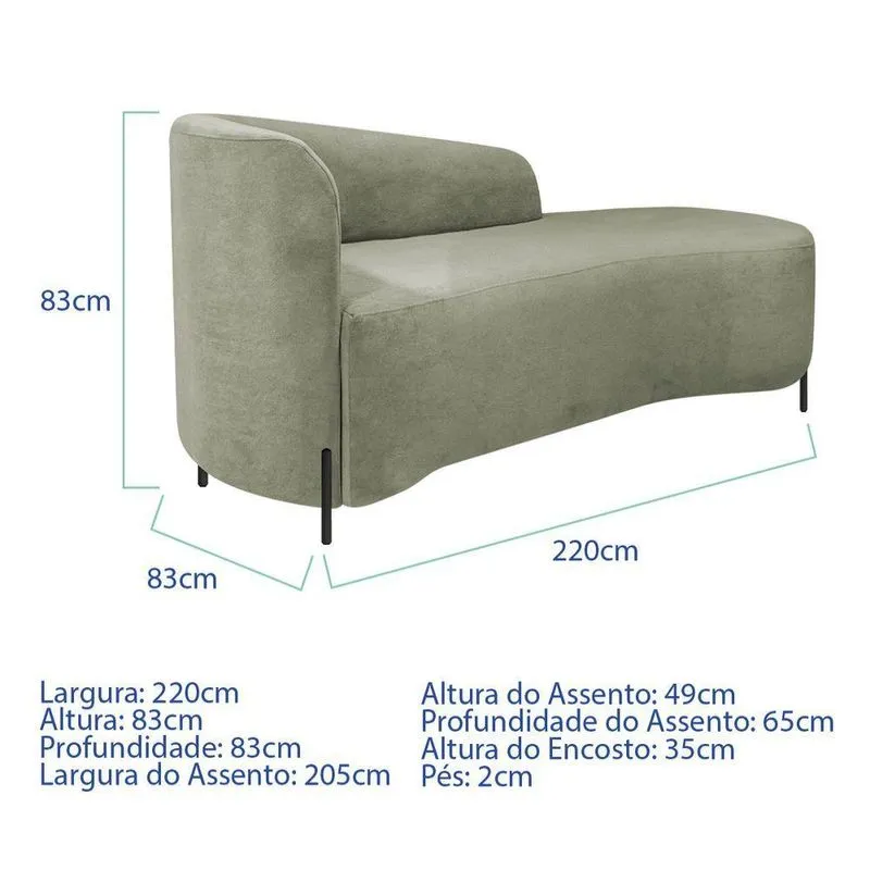 Divã Recamier Orgânico França 220cm Lado Dir Pés Metal Preto Bouclé Cor Verde Oliva