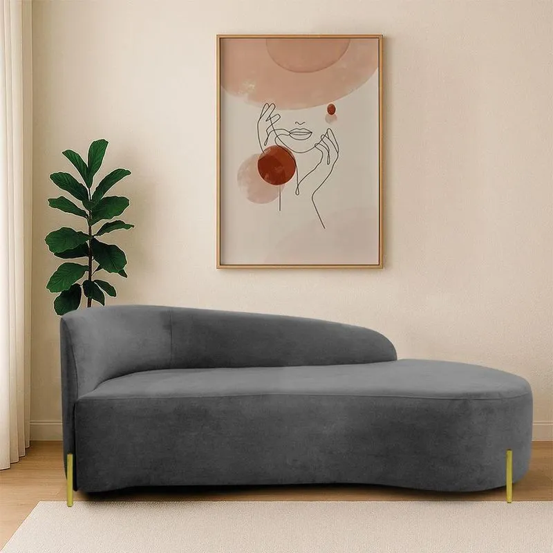 Divã Recamier Orgânico França 140cm Lado Dir Pés Metal Dourado Linho Cinza Escuro
