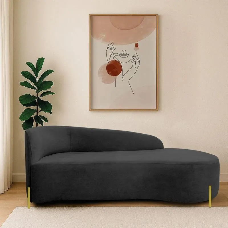 Divã Recamier Orgânico França 140cm Lado Dir Pés Metal Dourado Linho Preto