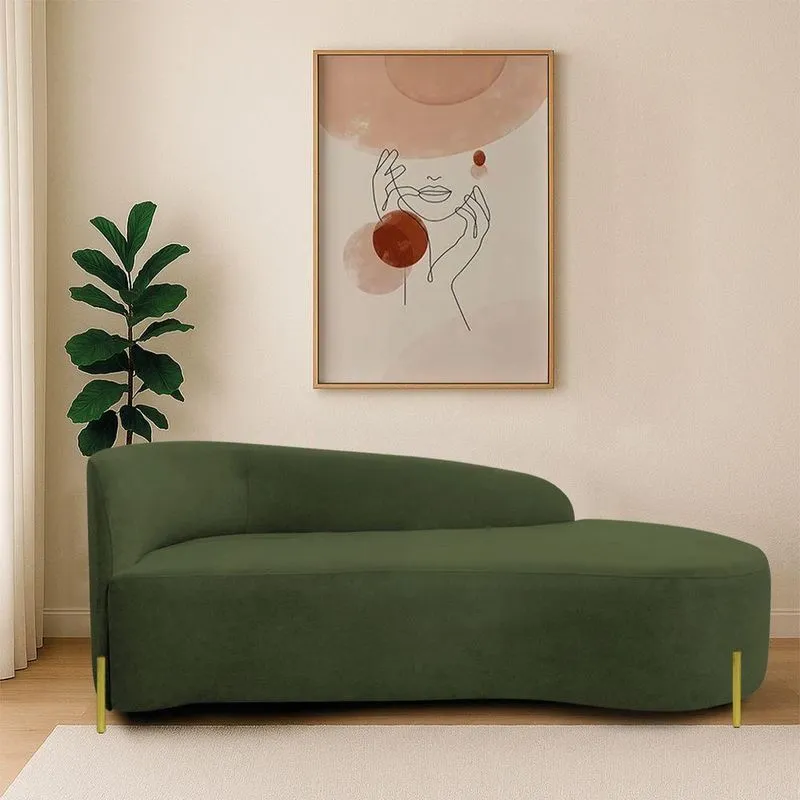 Divã Recamier Orgânico França 140cm Lado Dir Pés Metal Dourado Linho Verde