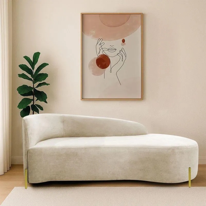Divã Recamier Orgânico França 140cm Lado Dir Pés Metal Dourado Bouclé Bege