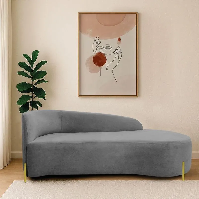 Divã Recamier Orgânico França 140cm Lado Dir Pés Metal Dourado Bouclé Cinza