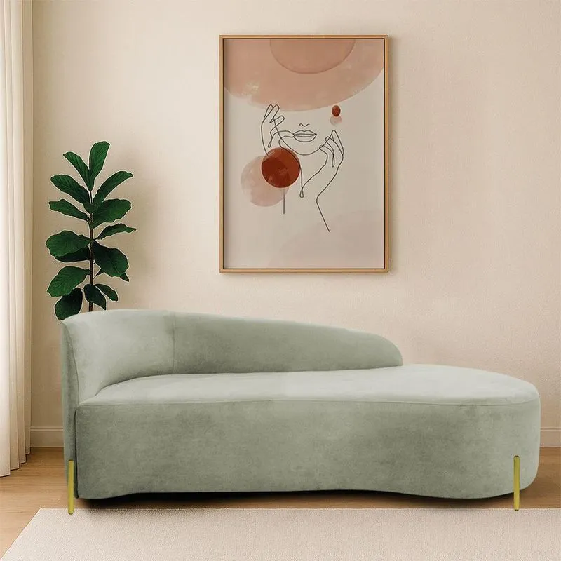 Divã Recamier Orgânico França 140cm Lado Dir Pés Metal Dourado Bouclé Verde Oliva