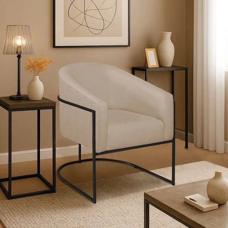 Poltrona Decorativa Jade Moderno Escritório Confortável Luxo Base De Ferro Preto Linho Bege