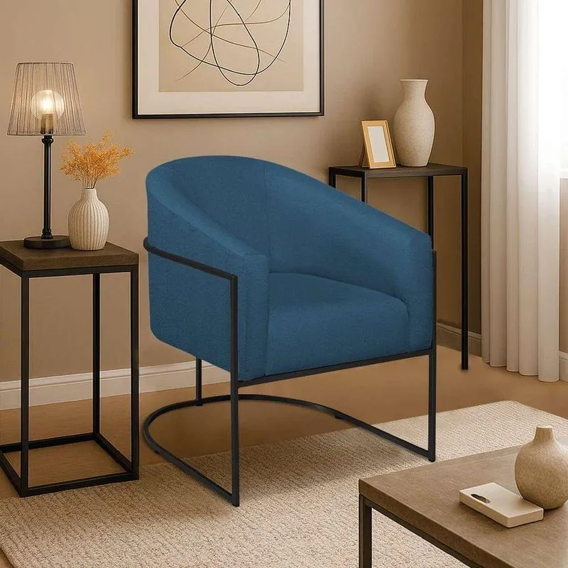 Poltrona Decorativa Jade Moderno Escritório Confortável Luxo Base De Ferro Preto Linho Azul Royal